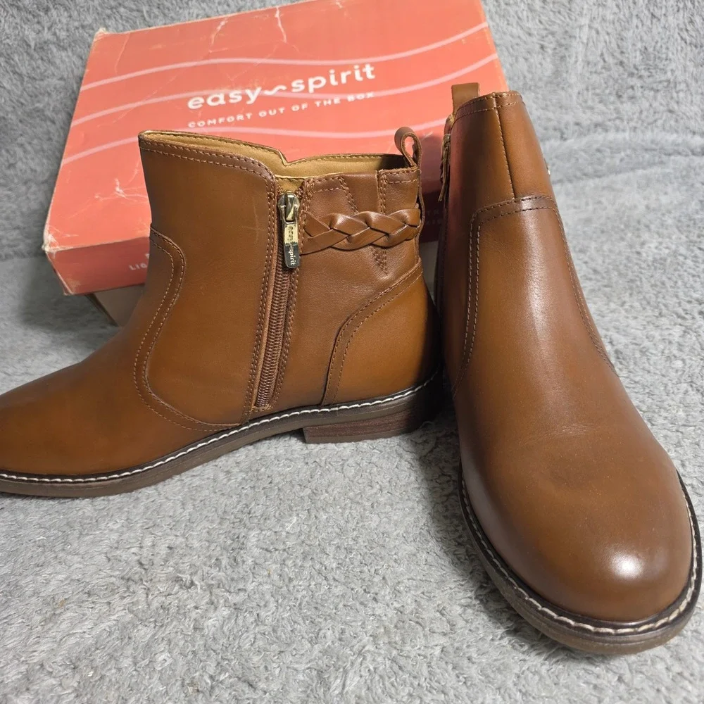 Easy Spirit Jules Brown Leather Ankle Boot Booties Braided Accent Womens 10M NEW